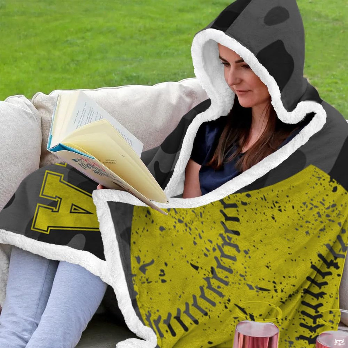 Graphic layout illustrating product features and detailed views of the softball hooded blanket.