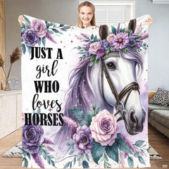 Purple floral white horse portrait throw blanket showing horse with purple rose crown