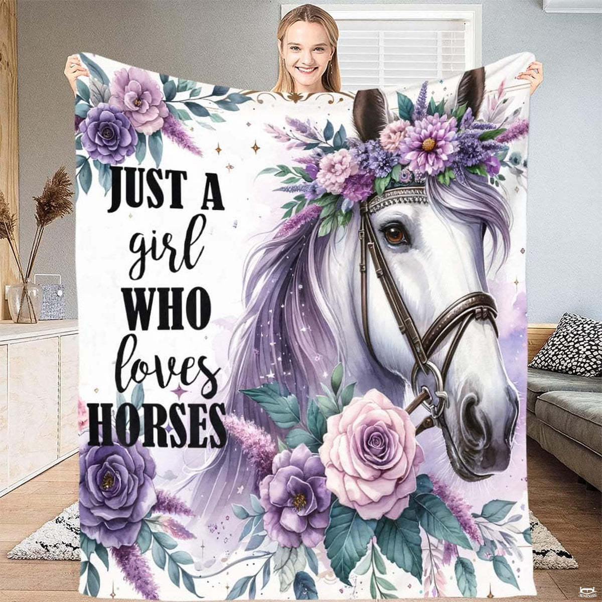 Purple floral white horse portrait throw blanket showing horse with purple rose crown