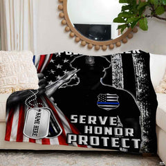 Law enforcement tribute bedding set artwork with navy and charcoal accents in bedroom.