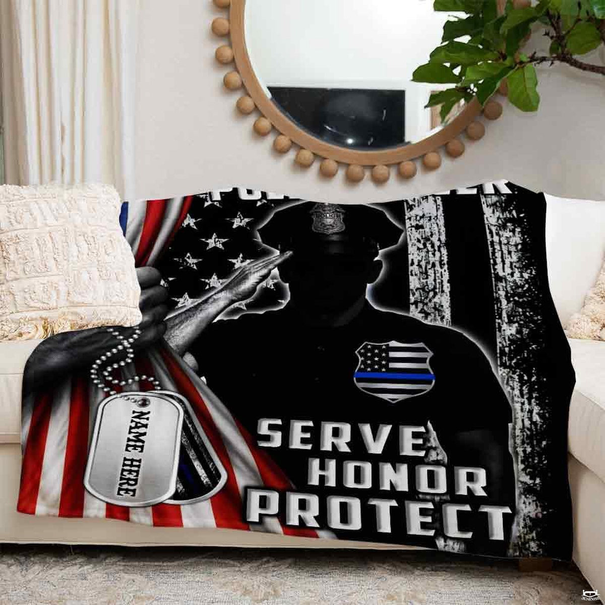 Law enforcement tribute bedding set artwork with navy and charcoal accents in bedroom.