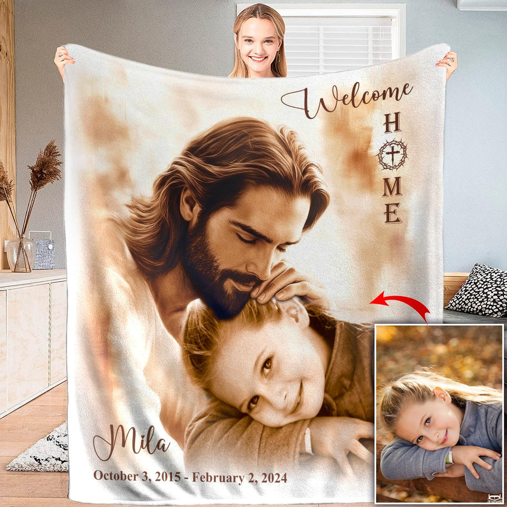 Jesus embracing child welcome home memorial blanket showing religious artwork view 1