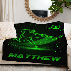 Sporty aesthetic bedroom setup styled with neon green hockey bedding and minimalist dark furniture.