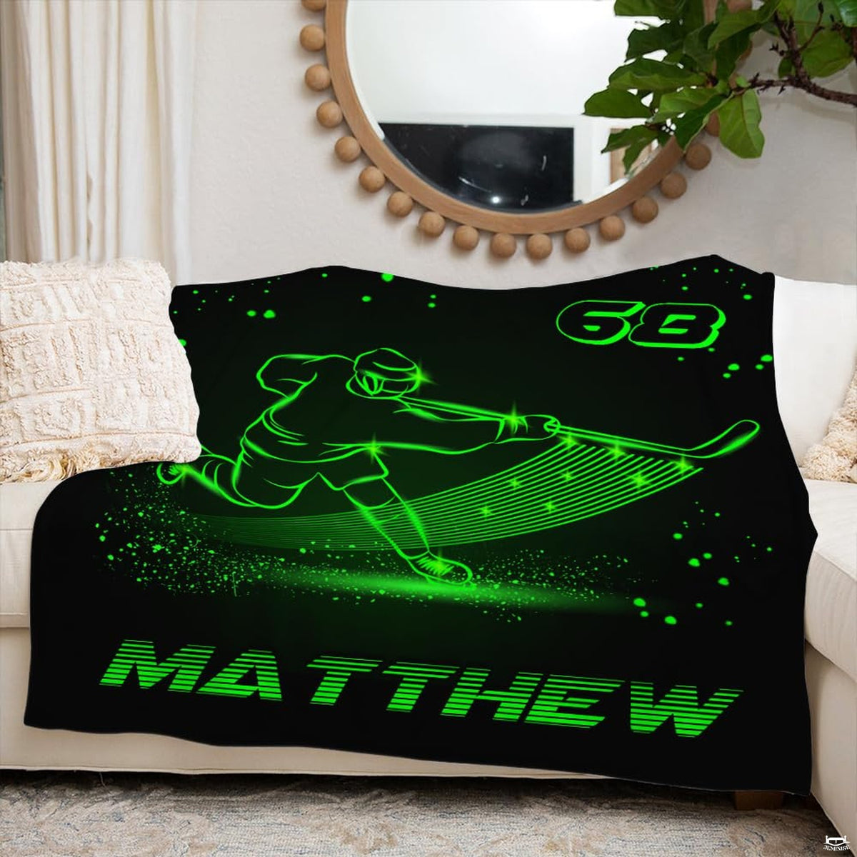 Sporty aesthetic bedroom setup styled with neon green hockey bedding and minimalist dark furniture.