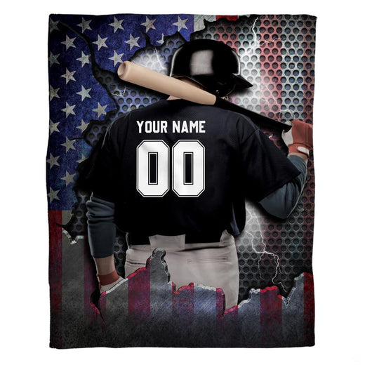 Baseball player jersey bat throw blanket featuring hitter carrying bat against lightning bolt and American flag