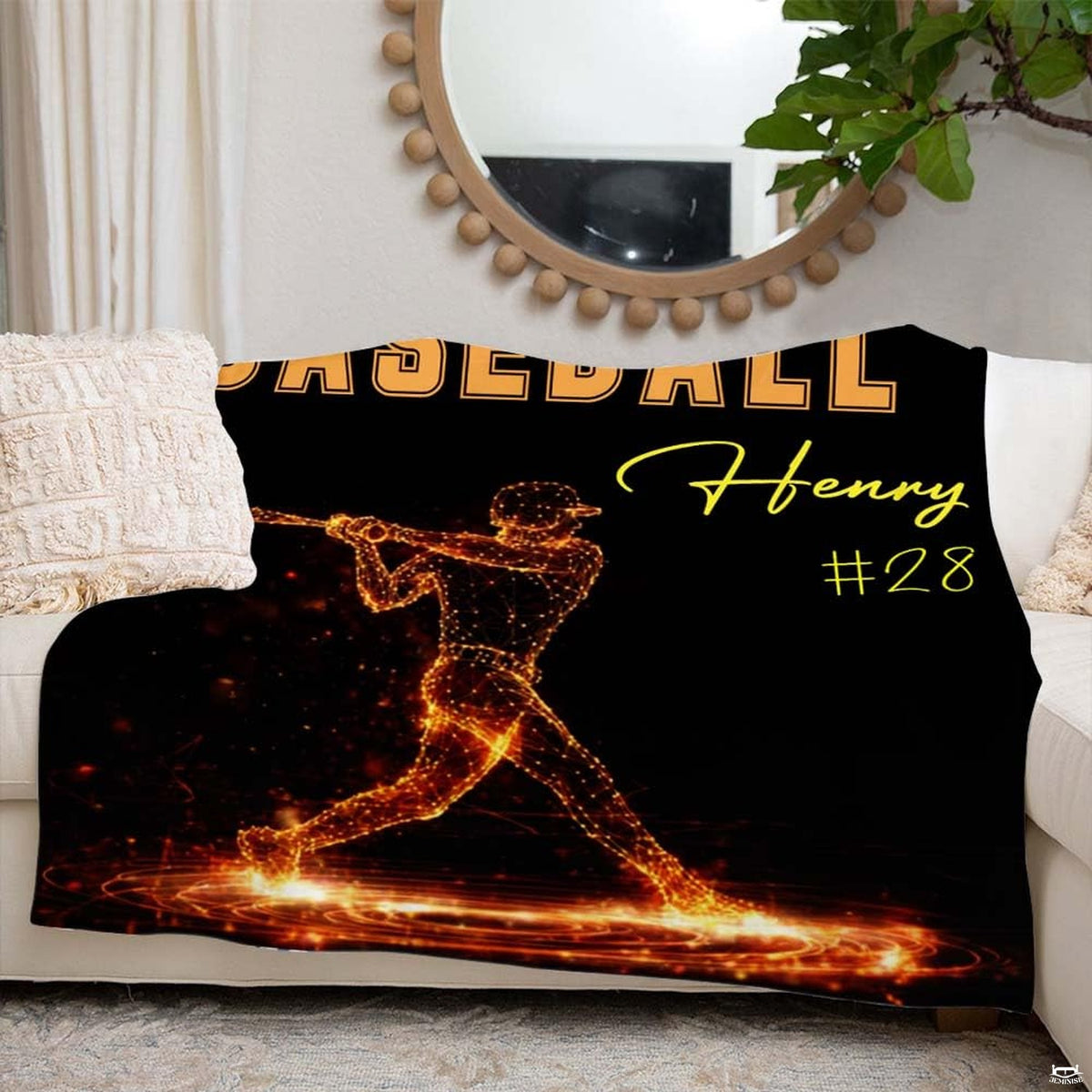 Fiery baseball throw blanket view 6 highlighting glowing polygon batter, ember sparks, and dark backdrop