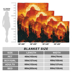 Fiery Bigfoot Sasquatch towering over mountain ridges and pine trees, view 3.