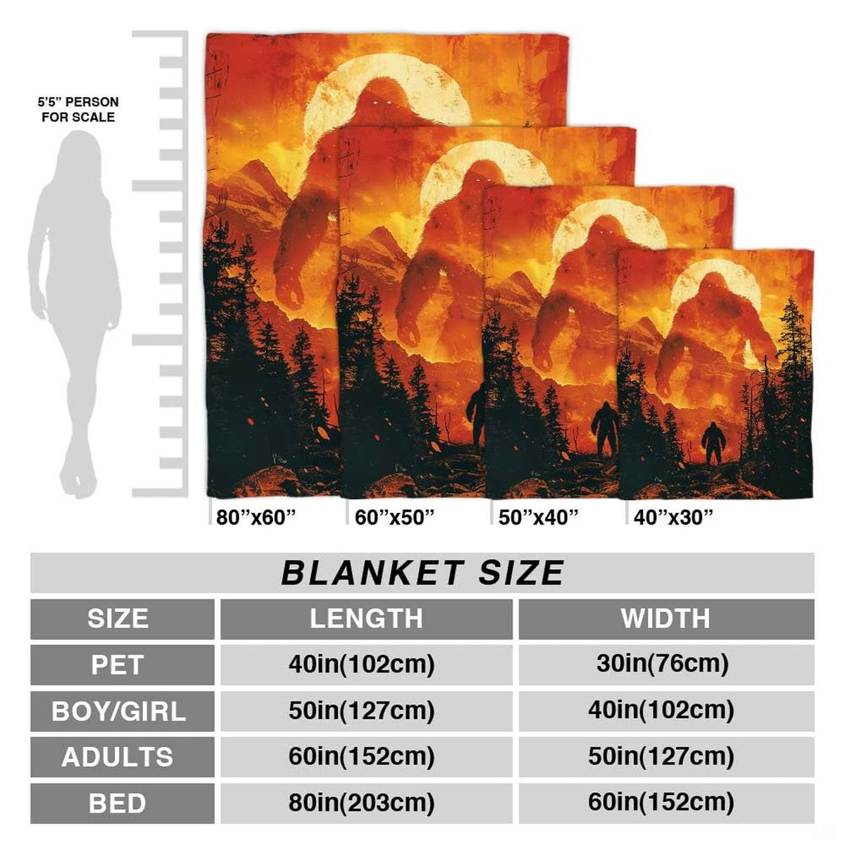 Fiery Bigfoot Sasquatch towering over mountain ridges and pine trees, view 3.