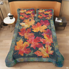 Teal slate and amber maple leaf bedding set styled in an inviting seasonal guest bedroom atmosphere