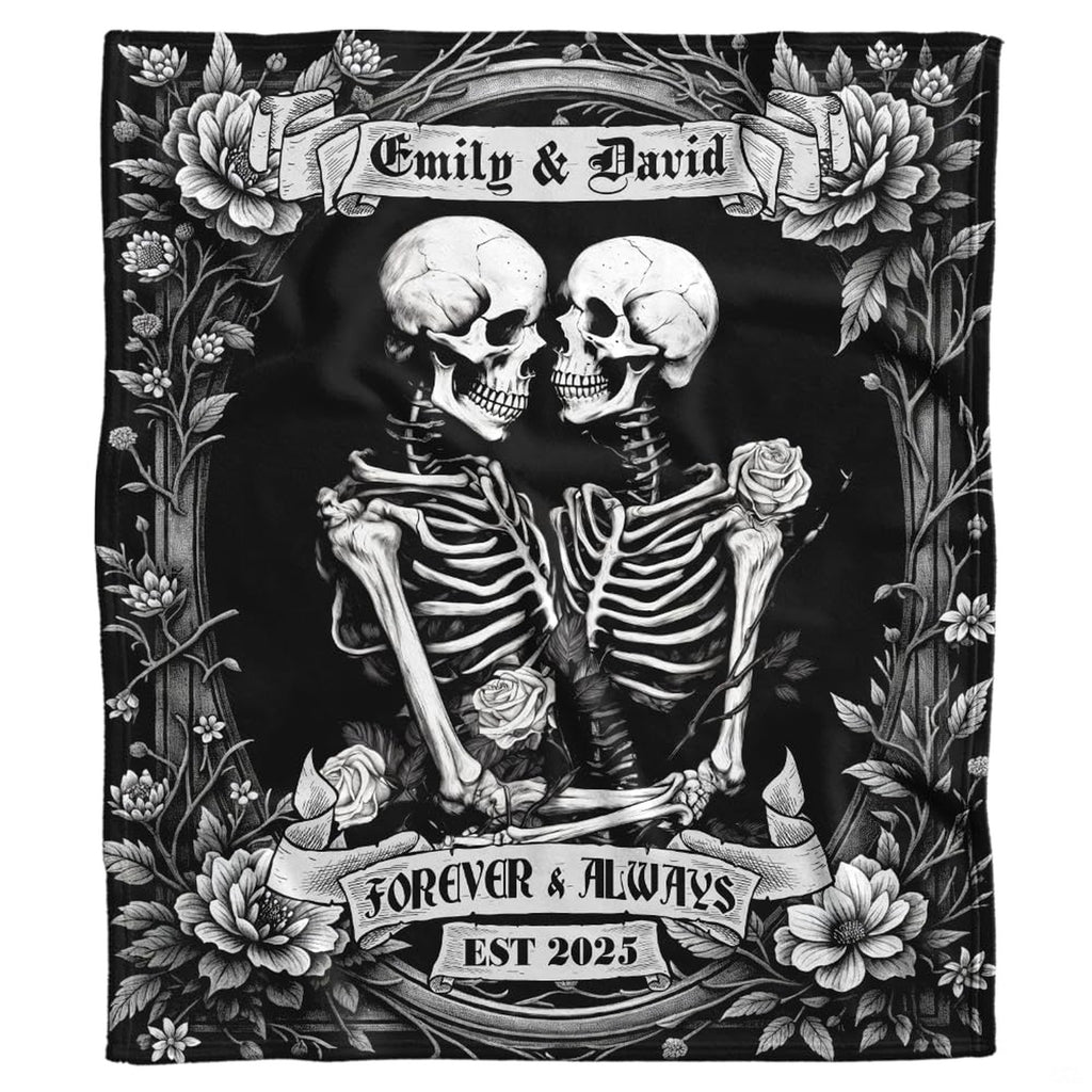 Gothic bedding set with embracing skeleton lovers in an ornate baroque rose border.