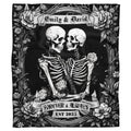 Gothic bedding set with embracing skeleton lovers in an ornate baroque rose border.