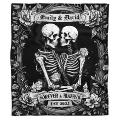 Gothic bedding set with embracing skeleton lovers in an ornate baroque rose border.