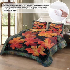 Top-down view of teal slate and amber maple leaf bedding set arranged neatly on a wooden bedroom frame