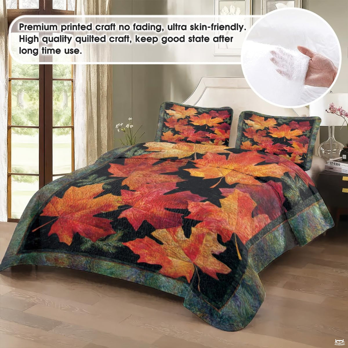 Top-down view of teal slate and amber maple leaf bedding set arranged neatly on a wooden bedroom frame