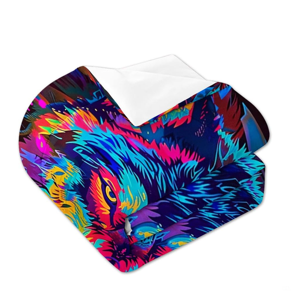 Folded bedding with wolf eye, ear, jagged neon fur, and white reverse