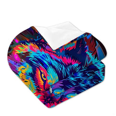 Folded bedding with wolf eye, ear, jagged neon fur, and white reverse