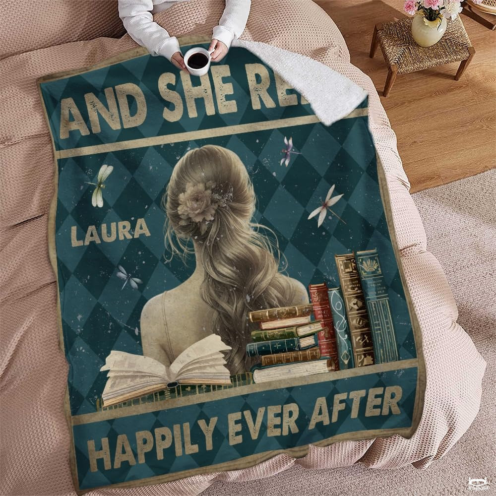 Personalized Teal Argyle Reading Girl with Books Throw Blanket - Book