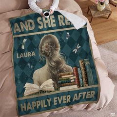 Personalized Teal Argyle Reading Girl with Books Throw Blanket - Book