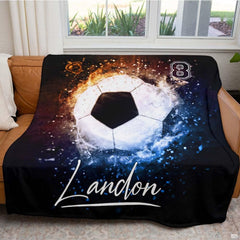 Full flat overhead view showing the complete soccer ball fire and ice artwork composition.