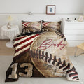 Terracotta rust baseball helmet graphic sports bedding set displayed neatly on a bed in a modern youth bedroom
