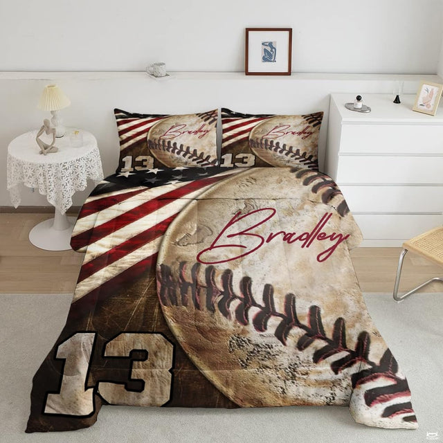 Terracotta rust baseball helmet graphic sports bedding set displayed neatly on a bed in a modern youth bedroom