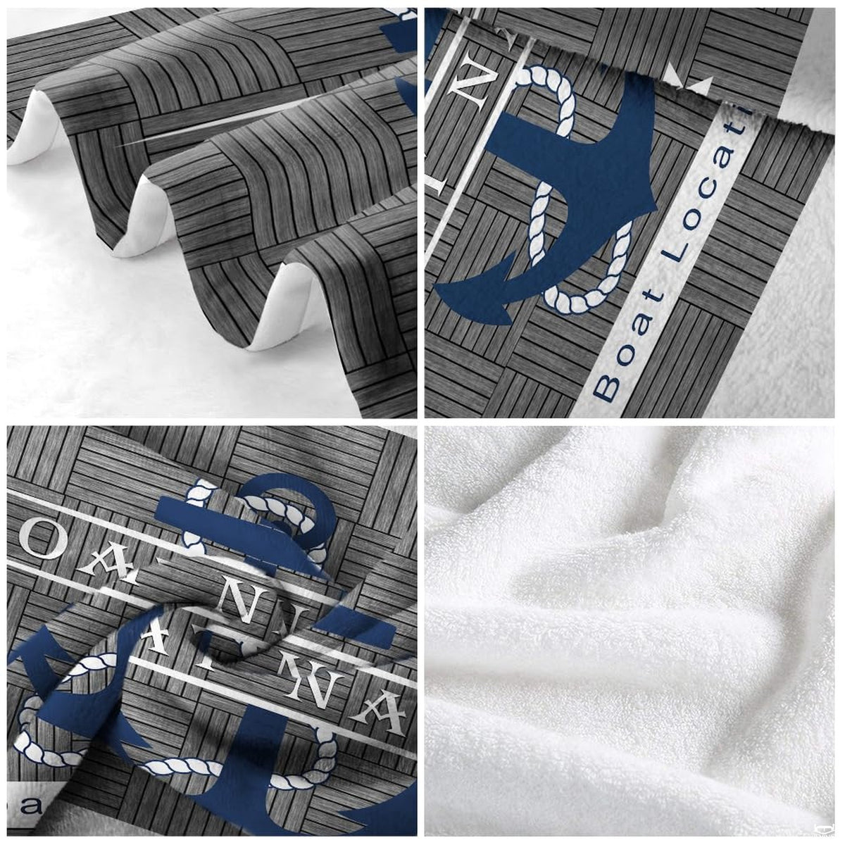 Nautical anchor rustic wood throw blanket view 5 highlighting navy anchor, rope trim, and wood textures