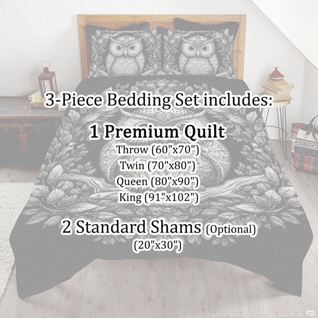 Stylized angle of the gothic owl bedding set illustrating crisp monochrome visual balance.