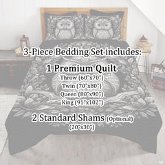 Stylized angle of the gothic owl bedding set illustrating crisp monochrome visual balance.