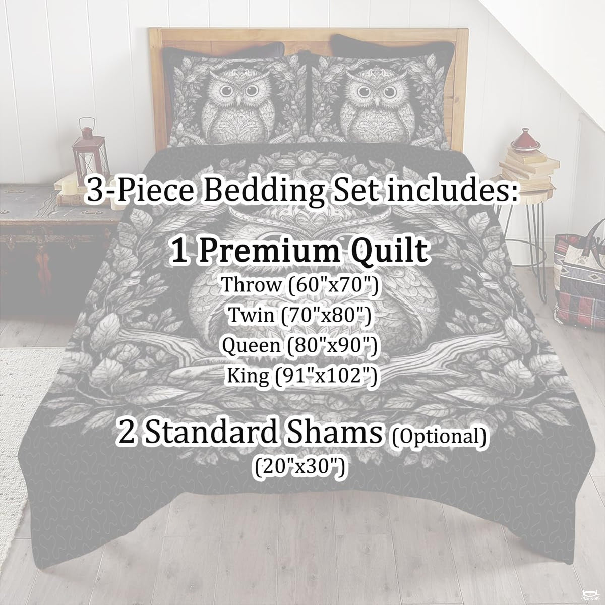 Stylized angle of the gothic owl bedding set illustrating crisp monochrome visual balance.