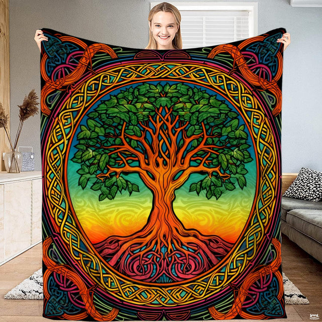 Tree of life Celtic knot bedding set with lush canopy against glowing rainbow gradient skies and ornate gold borders.