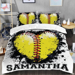 Close-up perspective of sports bedding detailing optic yellow texture, red lacing curves, and grunge paint drops