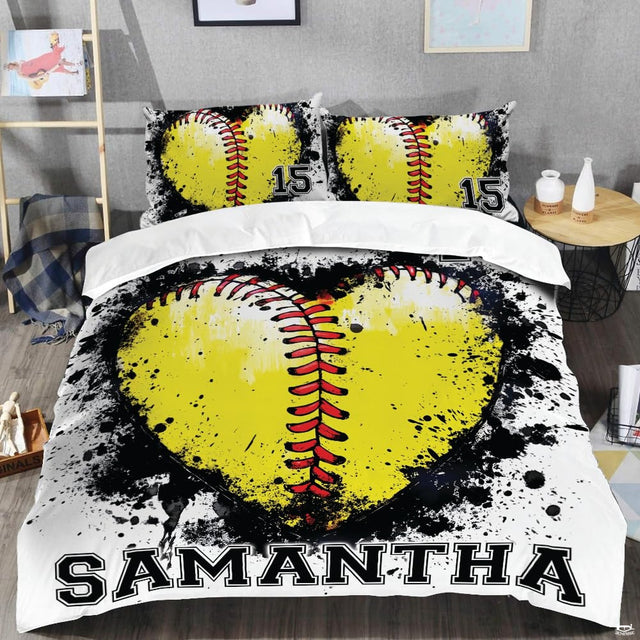 Close-up perspective of sports bedding detailing optic yellow texture, red lacing curves, and grunge paint drops