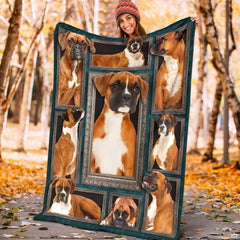 Model displaying the rectangular Fawn Boxer Dog portrait blanket outdoors in an autumn park.