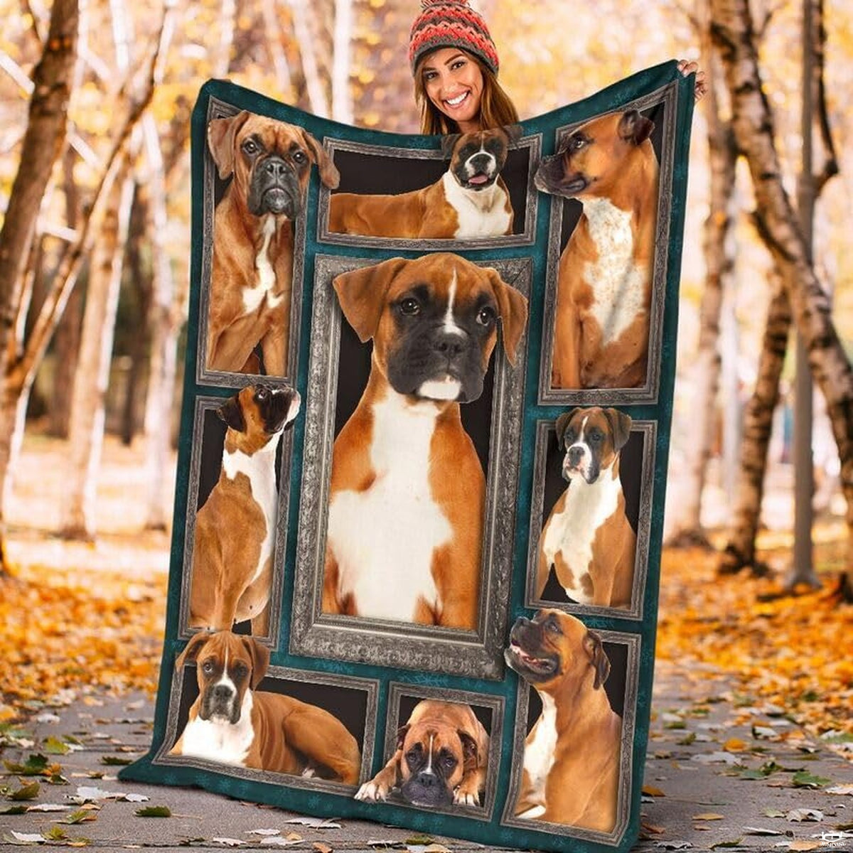Model displaying the rectangular Fawn Boxer Dog portrait blanket outdoors in an autumn park.