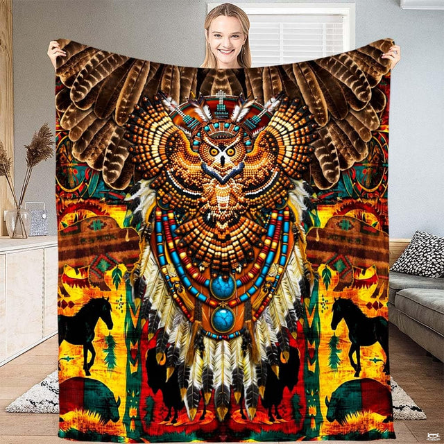 Tribal owl native bedding set featuring turquoise accents and beaded headdress artwork.