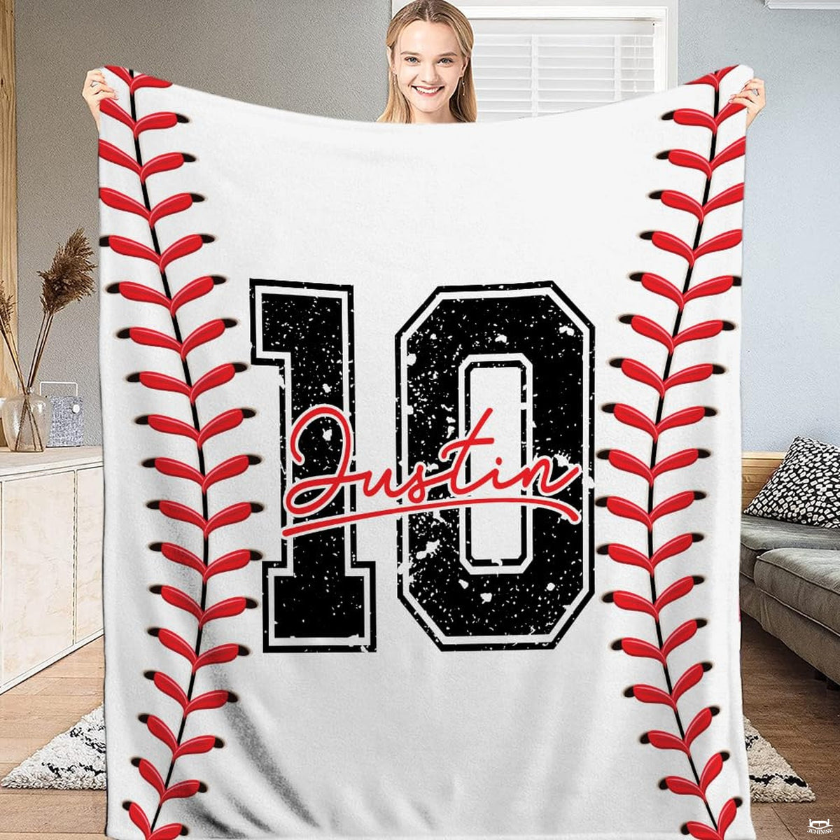 Baseball jersey number red lacing throw blanket featuring distressed number and curved red lacing