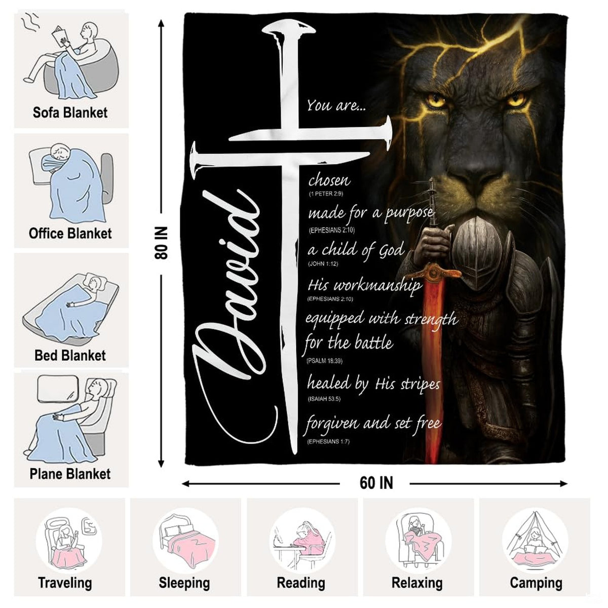 Detailed visual of knight in dark armor holding flaming sword on lion themed bedding thematic accent.