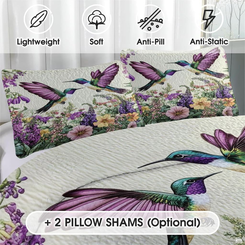 Close view of paired hummingbird pillows with purple meadow flowers