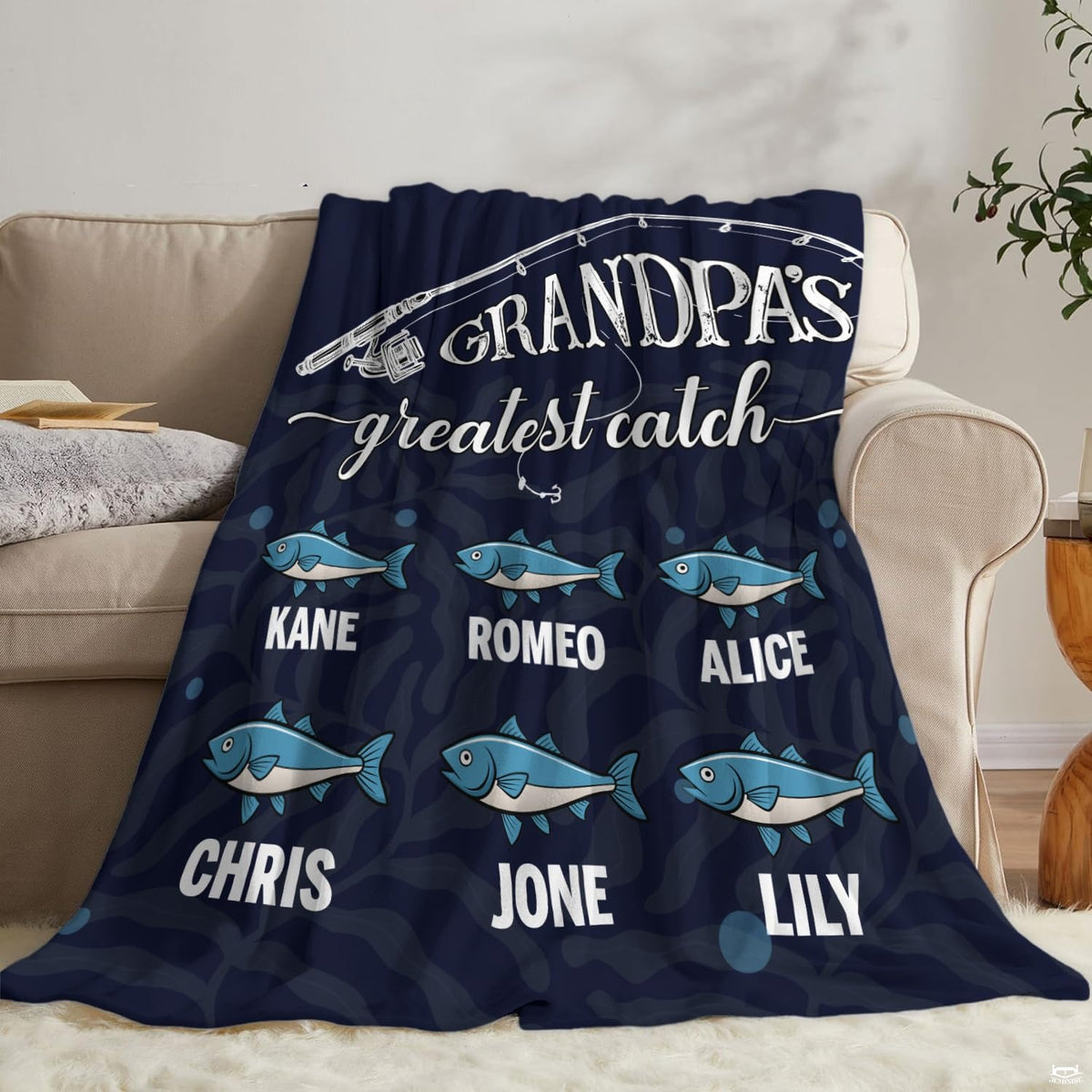 Folded presentation presenting crisp print definition and angling art on Blanket.