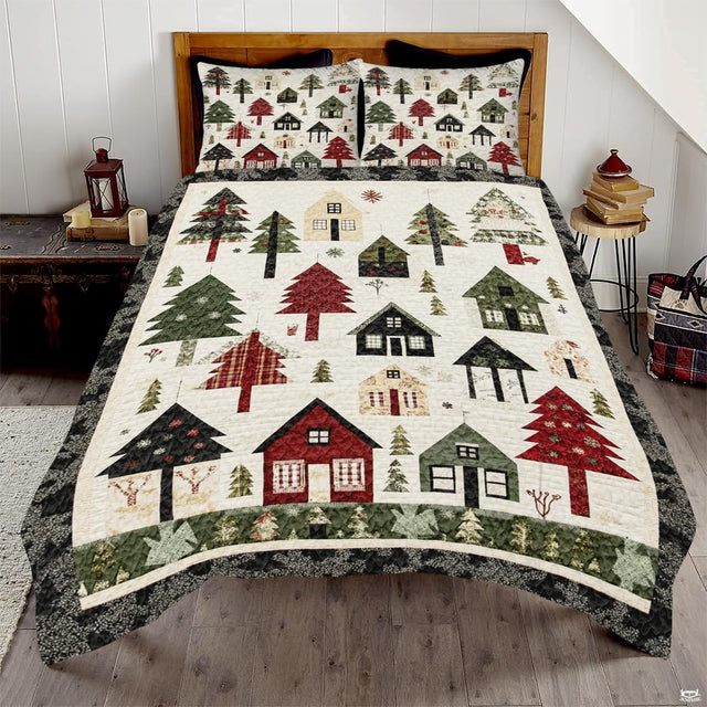 Snowy parchment snowman holiday bedding set displayed on a bed in a festive winter bedroom