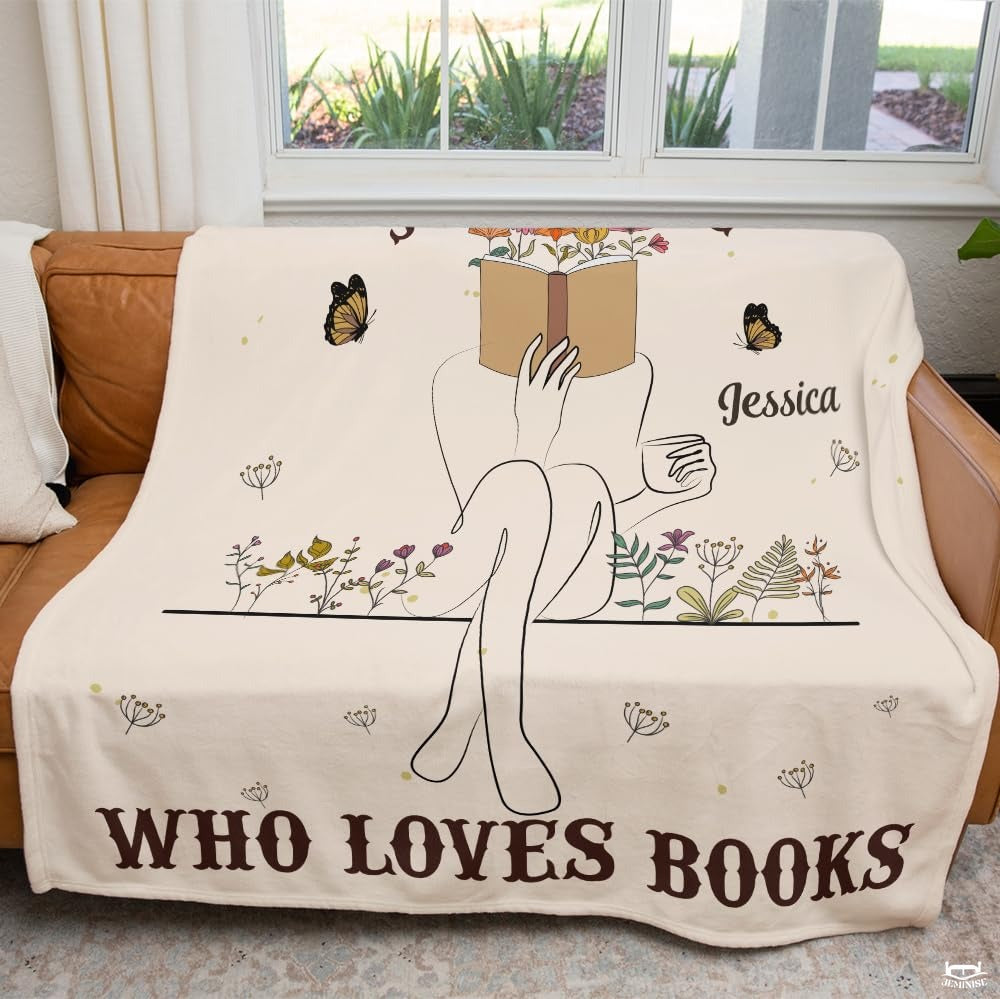 Personalized Floral Line-Art Girl Reading Blanket Throw - Book Lover