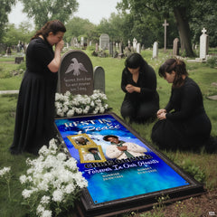 Outdoor cemetery gravesite memorial gathering featuring the blue heavenly tribute blanket.