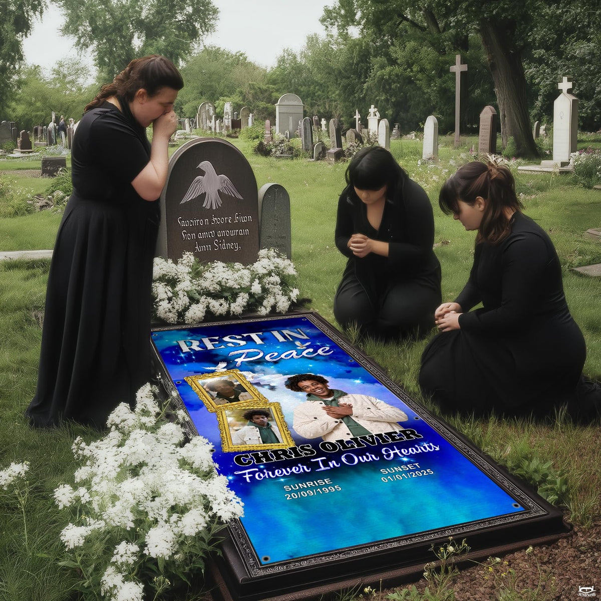 Outdoor cemetery gravesite memorial gathering featuring the blue heavenly tribute blanket.