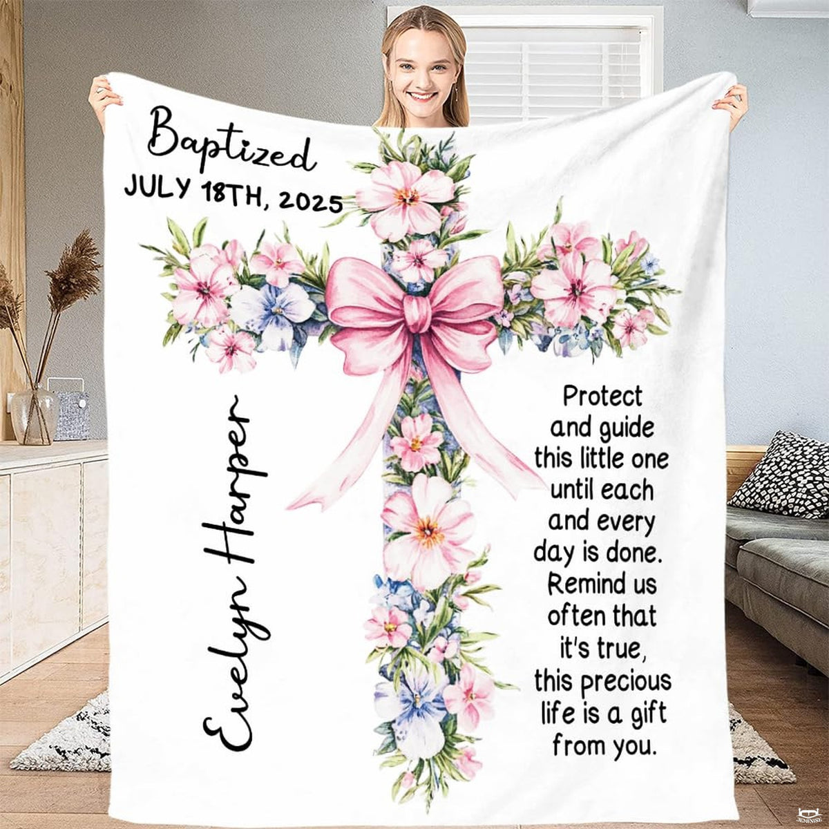 Christian cross bedroom artwork with floral wreath and pink ribbon