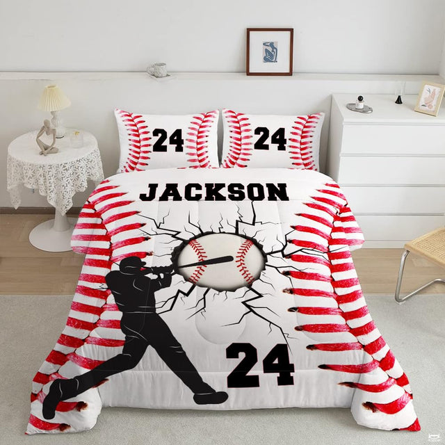 Baseball bedding displaying 3D ball breaking through cracked wall fissures with batter silhouette and red lacing