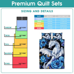 Blue floral dragon bedding sizing infographic