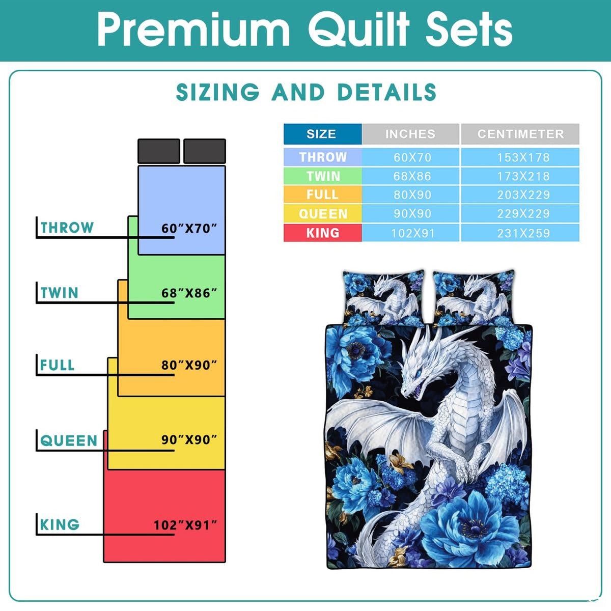Blue floral dragon bedding sizing infographic
