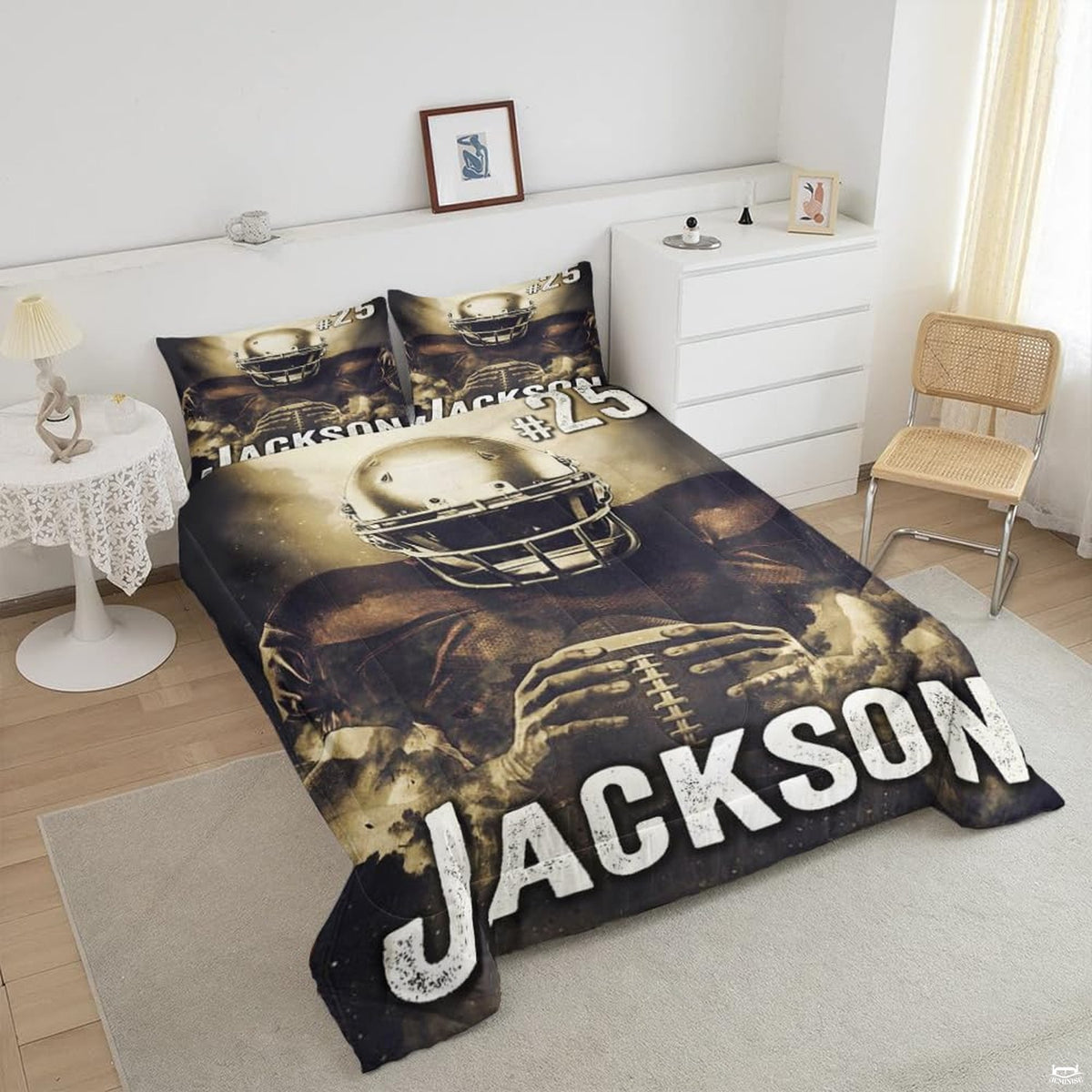 Close-up perspective of soccer bedding detailing monochrome player silhouette, ball motion, and typography