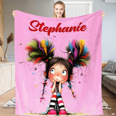 Quirky bedding sets uk showing whimsical cartoon thematic accent with rainbow pigtails on pastel pink background.