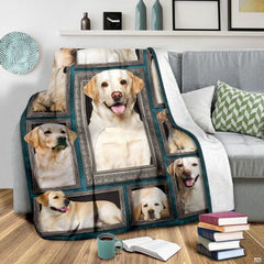 Grey couch arrangement featuring the Yellow Labrador Retriever blanket draped beside patterned pillows.